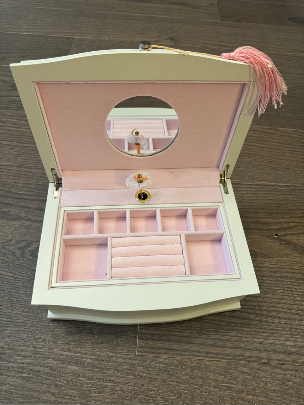 Reed & Barton White Jewelry Box with Pink Velvet Interior and Tassel